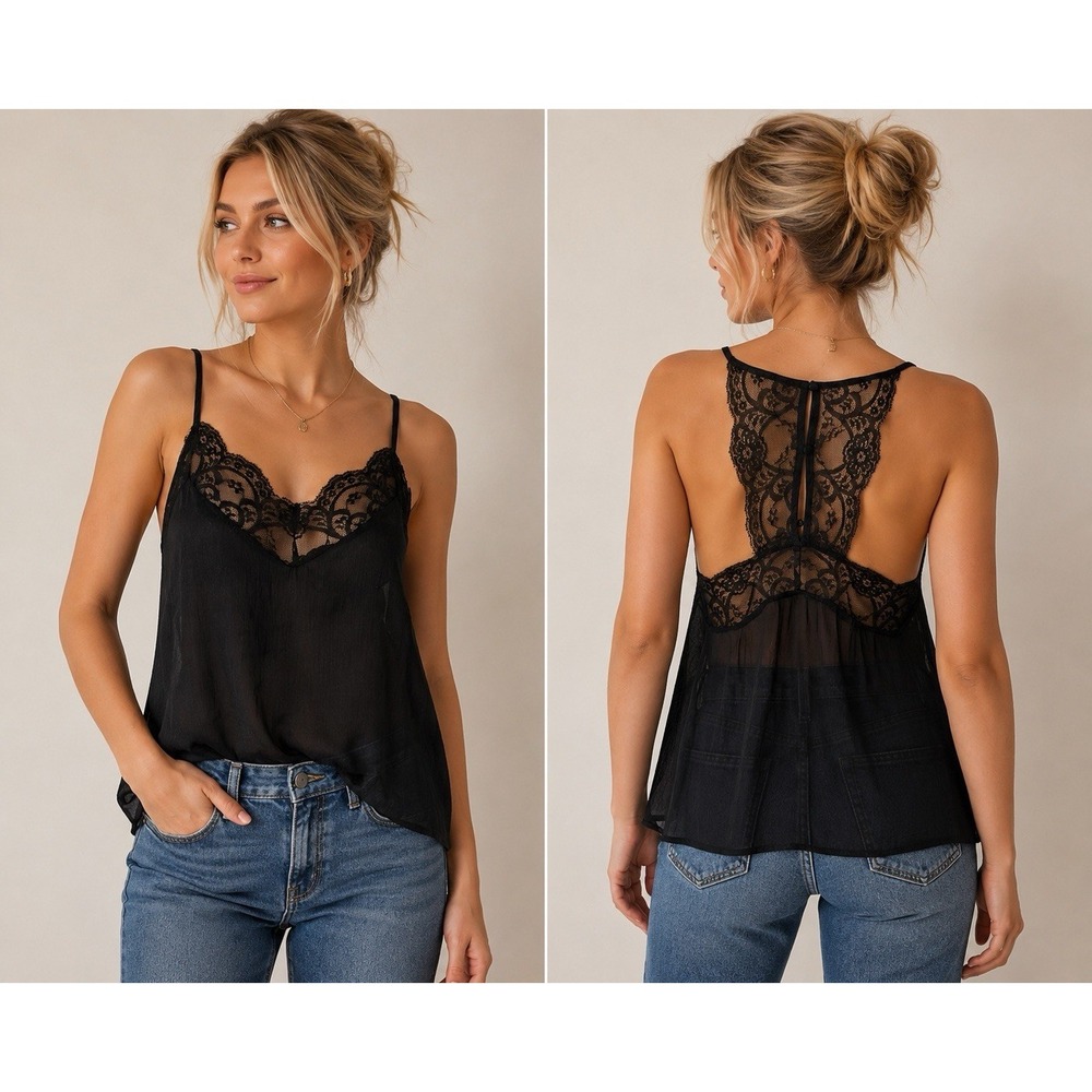 Black Sheer Lace Cami Y2K Coquette Indie Sleaze Fairy Grunge Tank‎ Goth Festival
